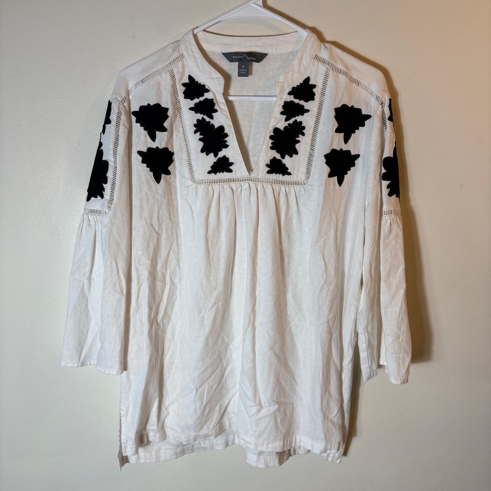 Market & Spruce Elyse Embroidered Linen Blend Top Size Medium